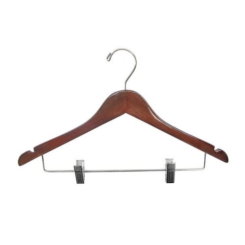 Women's Hanger, Flat Open Hook with Clips, Walnut with Chrome Hook & Clips